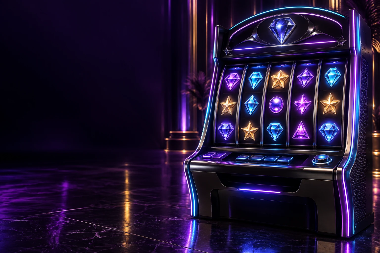 An original slot cabinet with illuminated reels